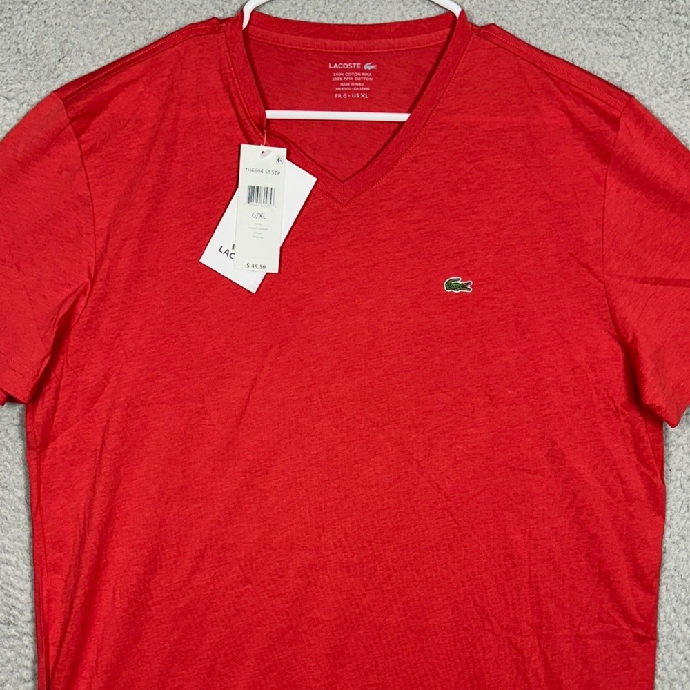 NEW Lacoste T-Shirt Mens XL V-Neck Red 100%Pima Cotton Logo Short Sleeve Tee
